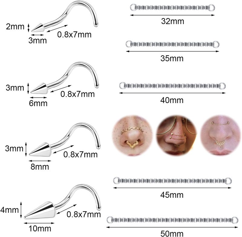 AccGin Store 20G Spike Nose Rings Studs with Chains Stainless Steel Spike Nostril Ring Stud Chain Black Rook Corkscrew Ring L-Shaped Nose Piercing Jewelry Nose Piercing Stud Lip Piercing Jewelry Black Silver Gold - Image 2